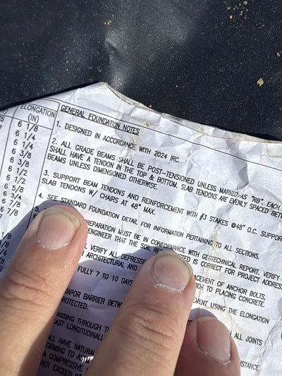 Inspector reviewing printed general foundation notes at a new construction site.